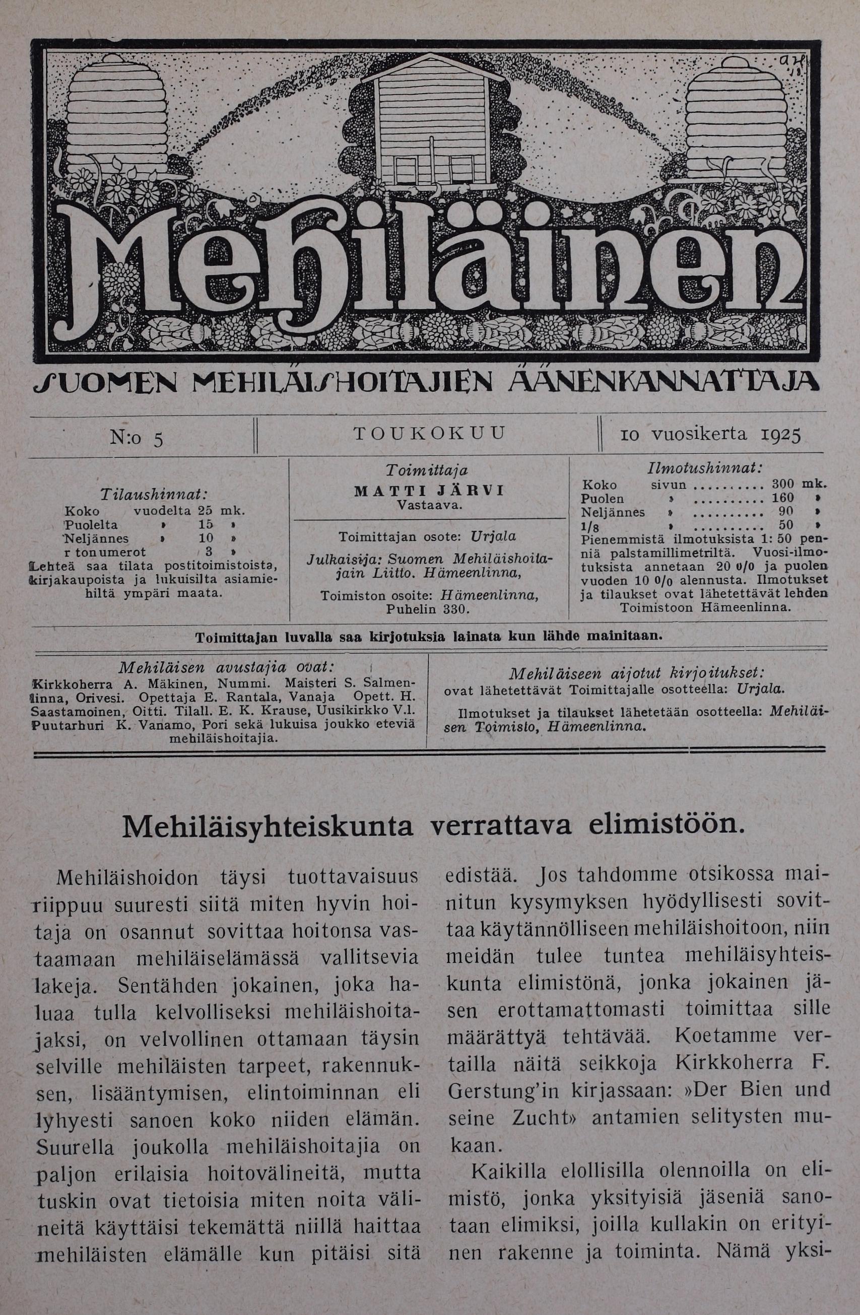  Mehiläinen : Suomen mehiläishoitajain äänenkannattaja no 5 -  Digitaaliset aineistot - Kansalliskirjasto