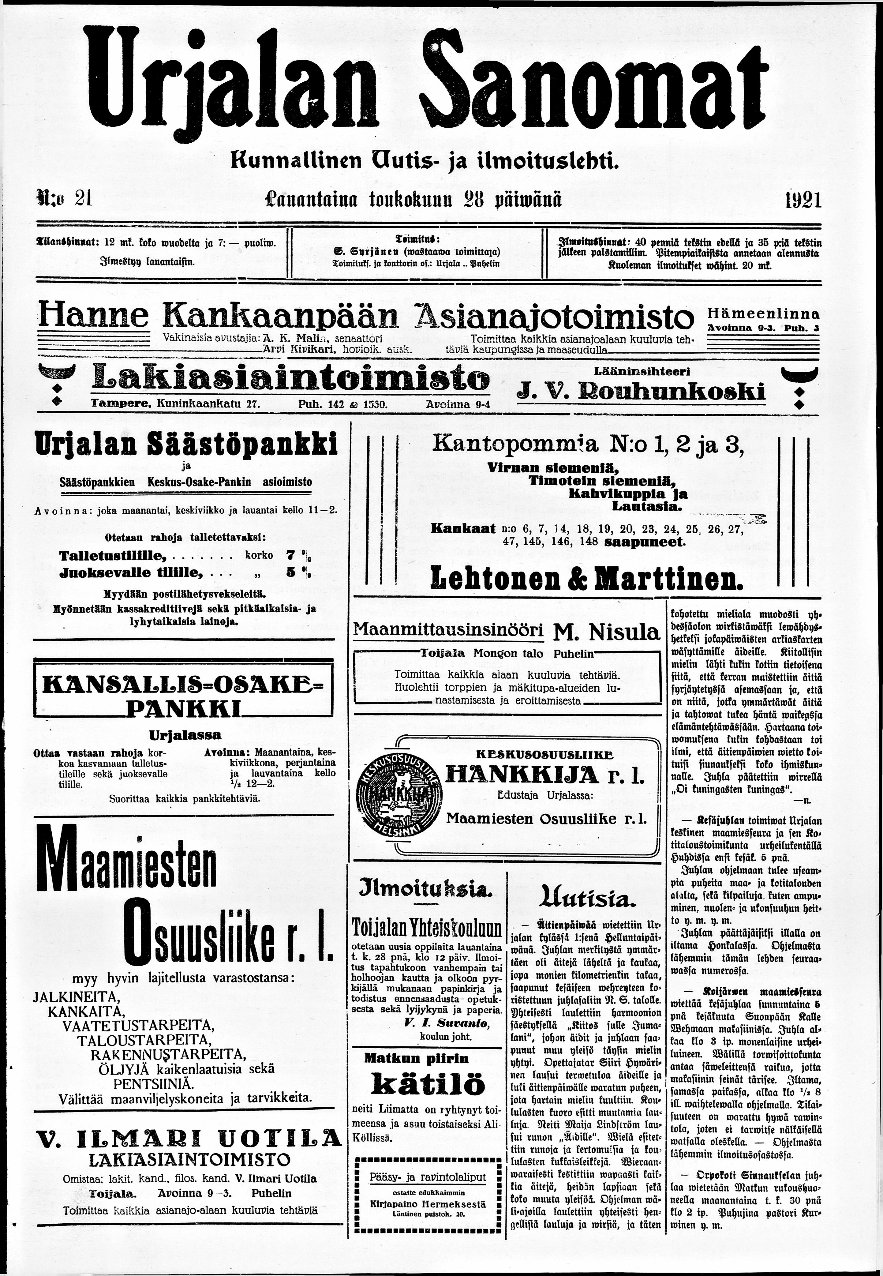  Urjalan Sanomat no 21 - Digitaaliset aineistot -  Kansalliskirjasto
