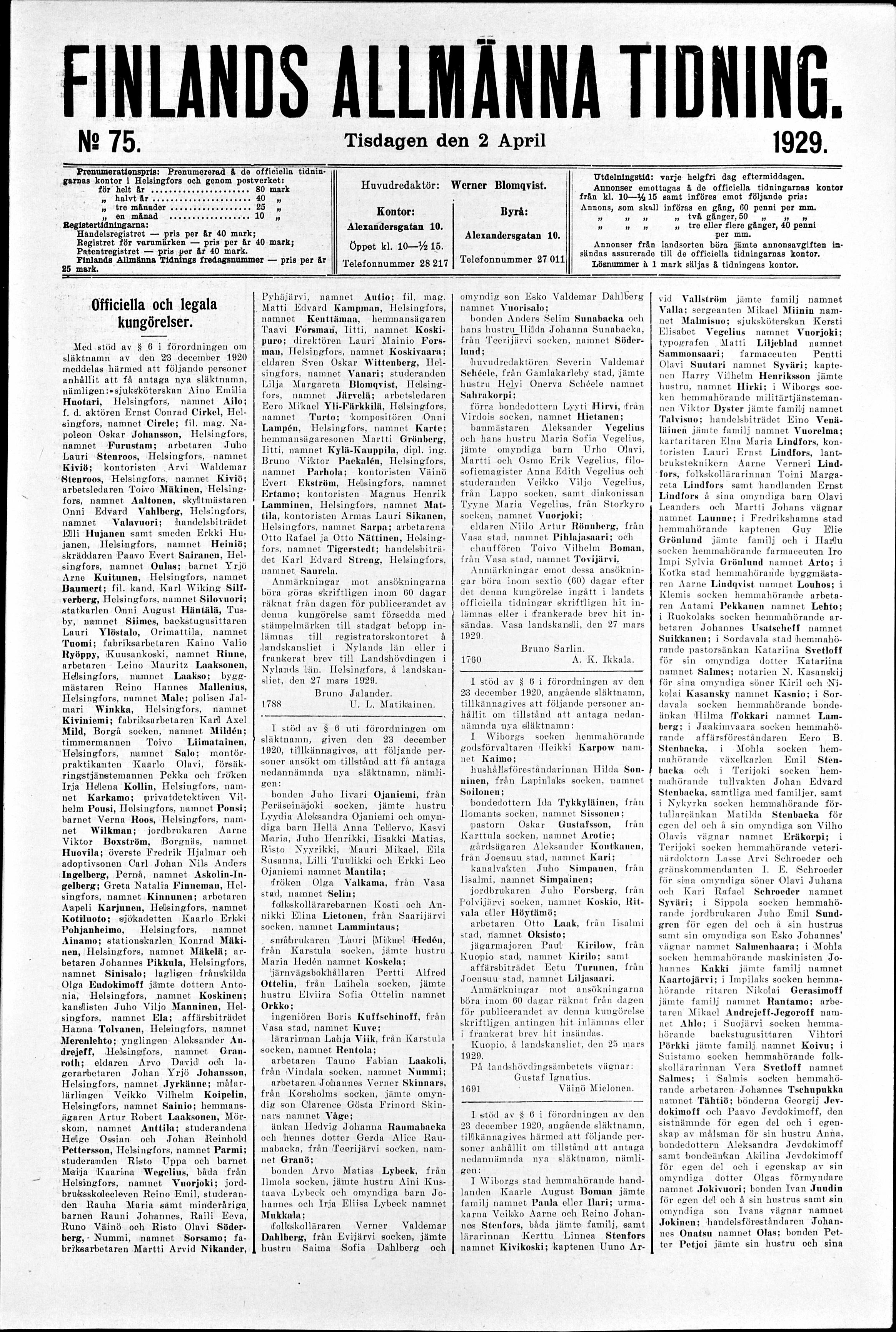 02 04 1929 Finlands Allmanna Tidning No 75 Digitaaliset