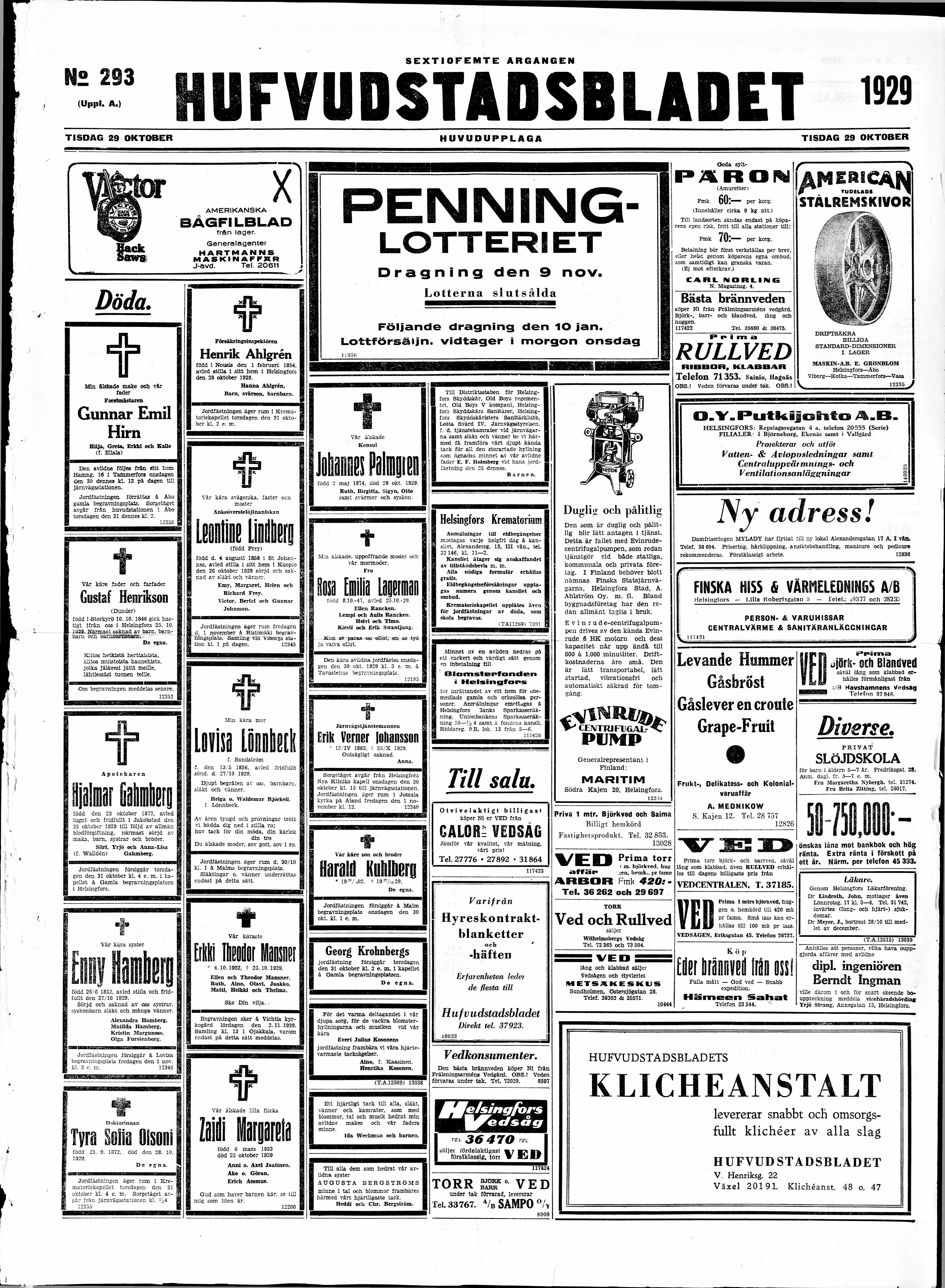 29.10.1929 Hufvudstadsbladet no 293 - Digitaaliset aineistot 